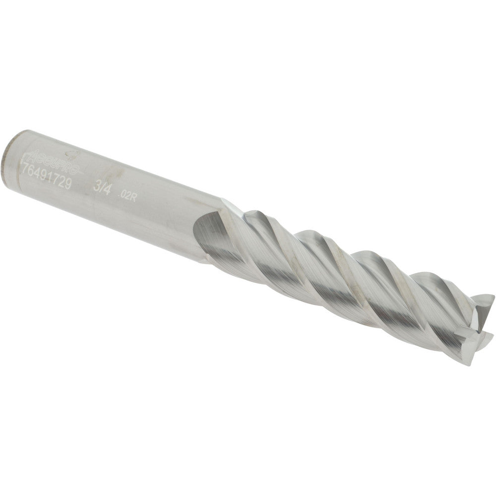 Accupro 76491729 Corner Radius End Mill 3/4" Dia, 3" LOC, 0.02" Radius, 4 Flutes, Solid Carbide
