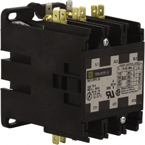 Square D 8910DPA63V02 3 Pole, 60 Amp Inductive Load, 110 Coil VAC at 50 Hz and 120 Coil VAC at 60 Hz, Definite Purpose Contactor