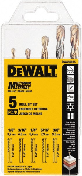 DeWALT DWA56015 Drill Bit Set Hammer Drill Bits, 5 Pc, 0.125" to 0.375" Drill Bit Size, 135 °, Carbide Tipped