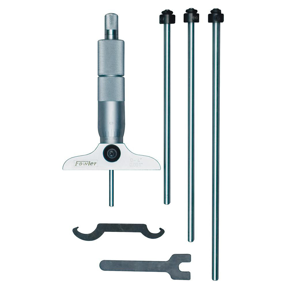 Fowler 52-225-110-0 Mechanical Depth Micrometer 4'' Range, 4 Rods, Satin Chrome Finish