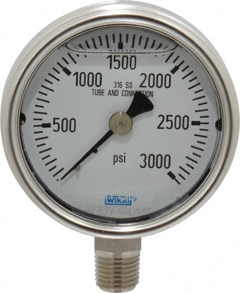 Wika 9831988 Pressure Gauge 2-1/2" Dial, 0 to 3,000 psi, 1/4" Thread, NPT, Lower Mount