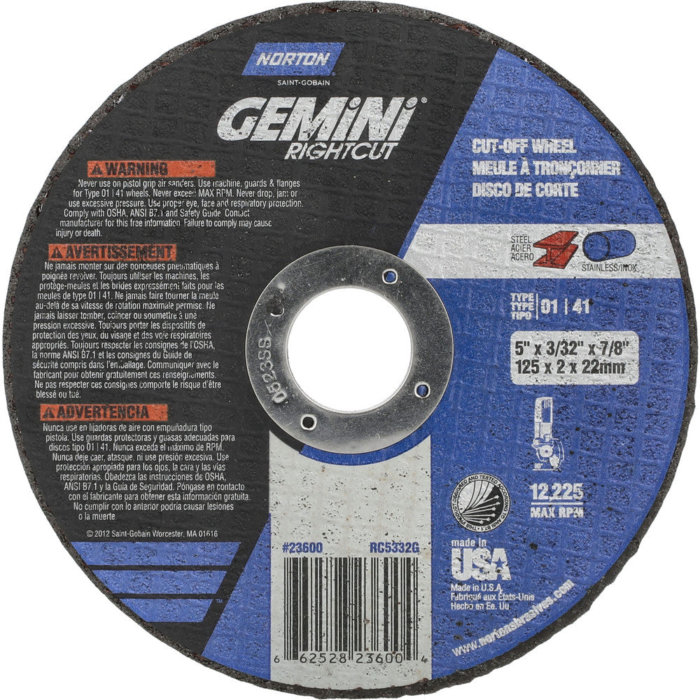 Norton 66252823600 Cut-Off Wheel 5" Dia, 3/32" Thick, 7/8" Hole, Aluminum Oxide