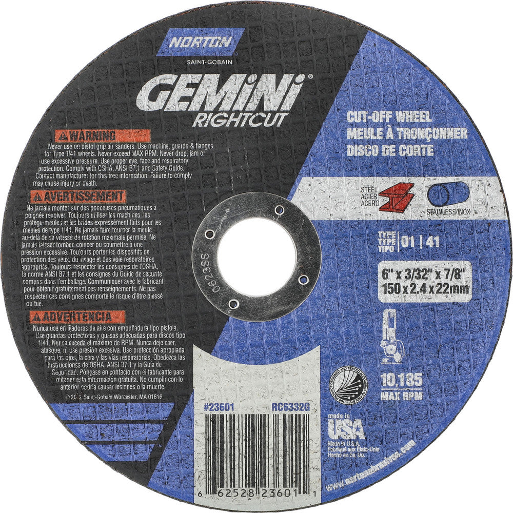 Norton 66252823601 Cut-Off Wheel 6" Dia, 3/32" Thick, 7/8" Hole, Aluminum Oxide