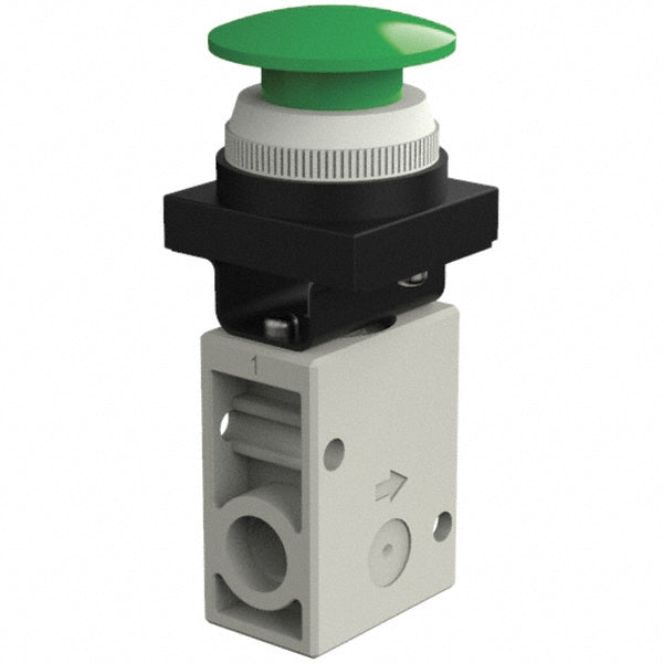 SMC Pneumatics VM230-N02-30GA Mechanically Operated Valve 3-Way & 2-Position, Push Button (Mushroom) Actuator, 1/4" Inlet, 1/4" Outlet, 3 Position