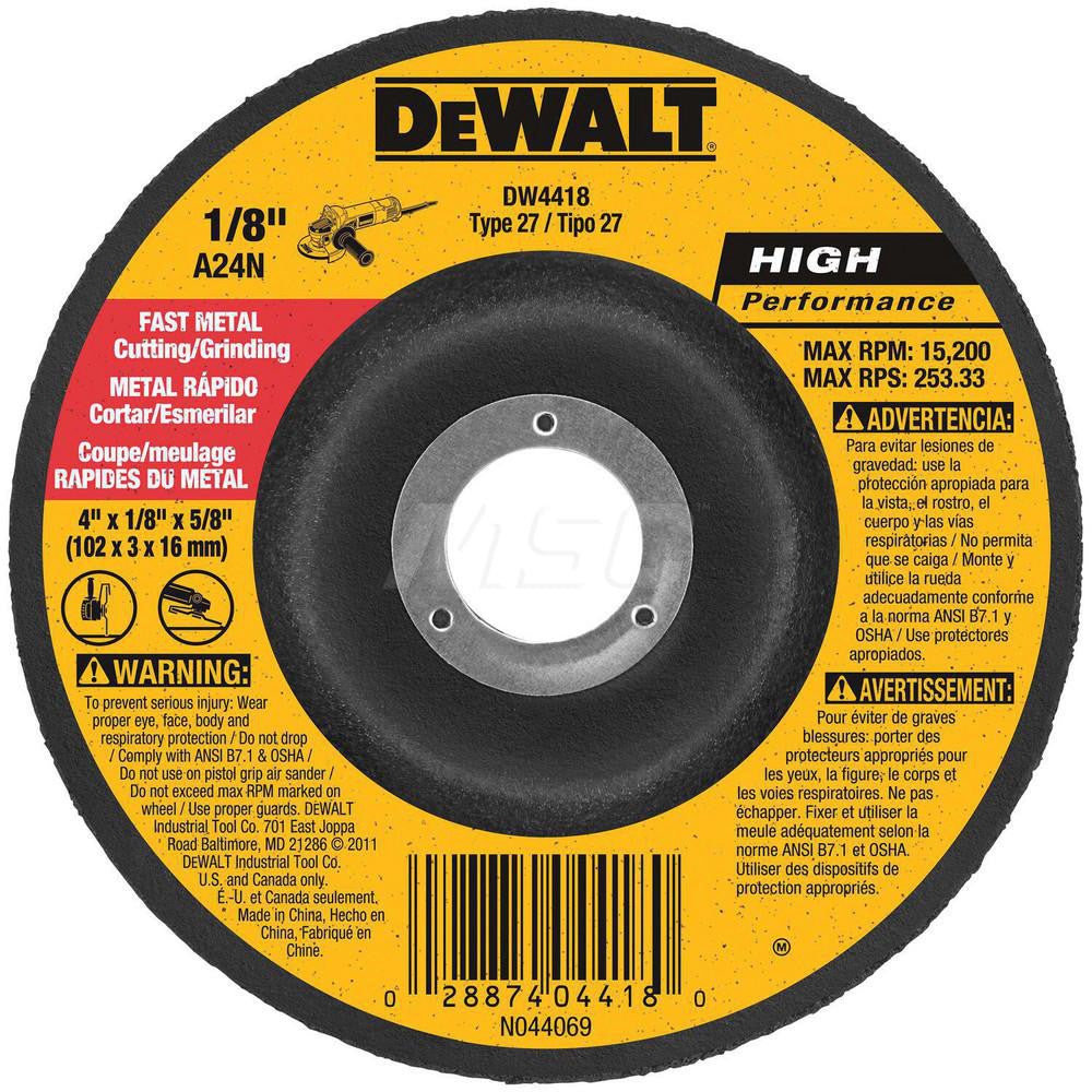 DeWALT DW4418 Depressed Grinding Wheel Type 27, 4" Dia, 1/8" Thick, 5/8" Hole, Aluminum Oxide