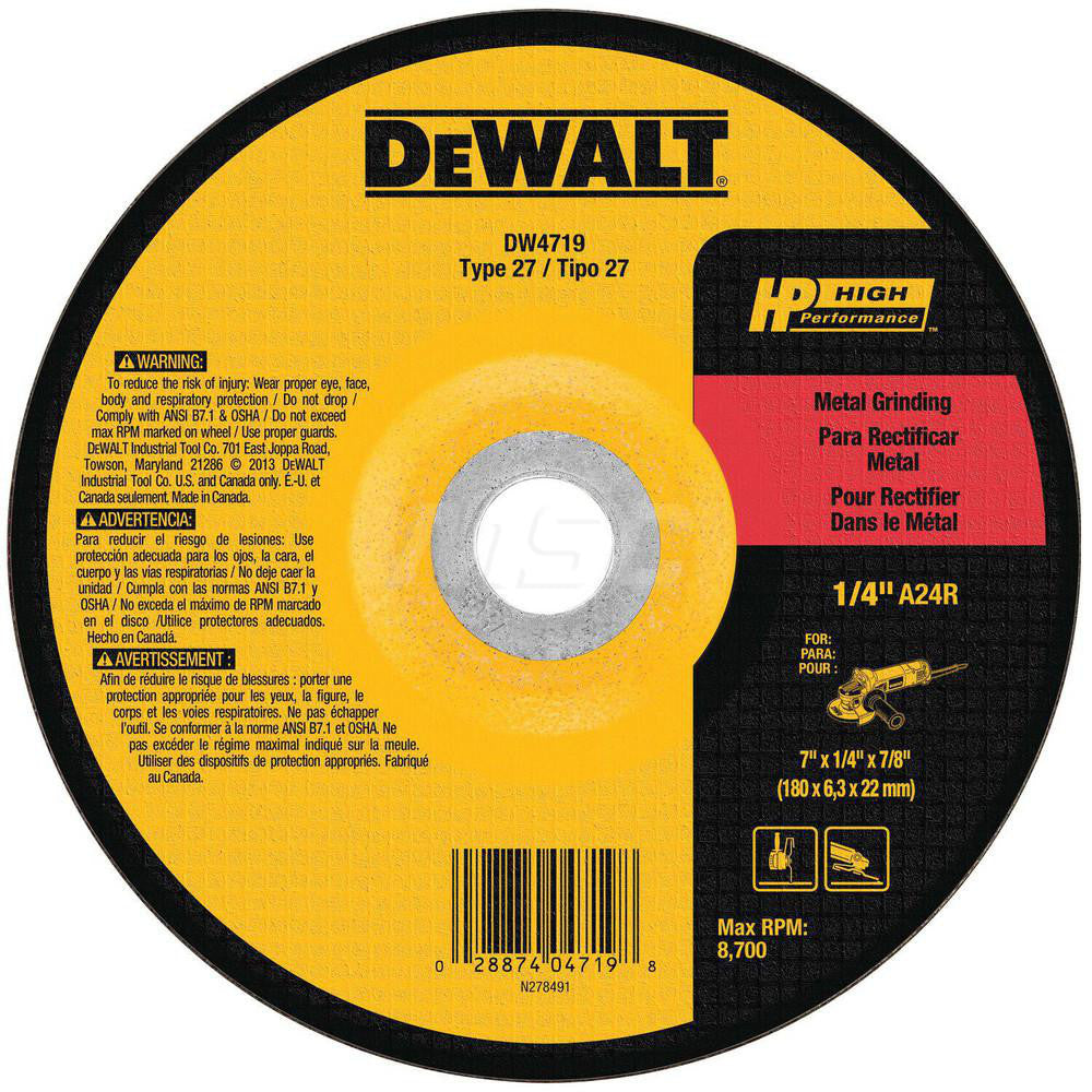 DeWALT DW4719 Depressed Grinding Wheel Type 27, 7" Dia, 1/4" Thick, 7/8" Hole, Aluminum Oxide