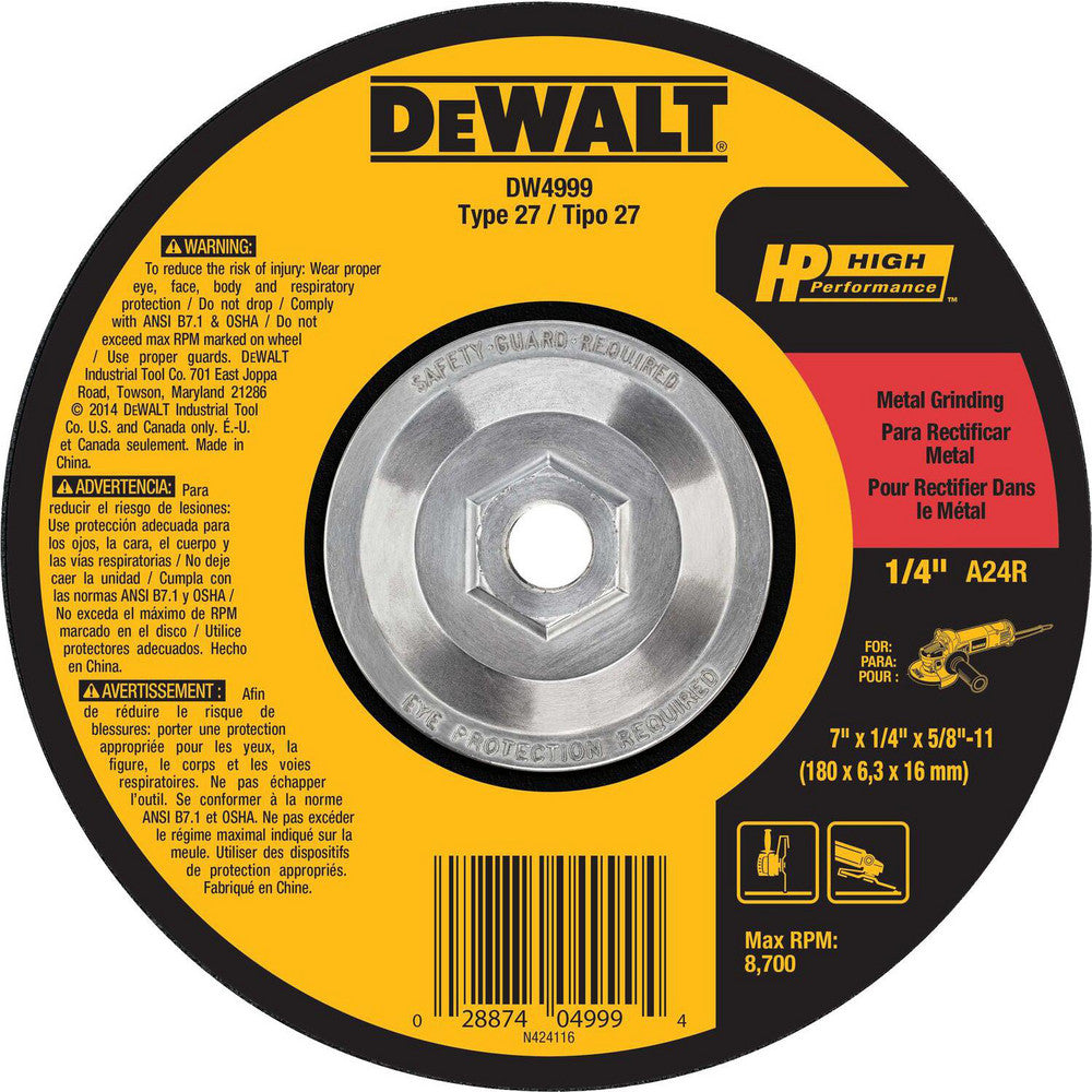 DeWALT DW4999 Depressed Grinding Wheel Type 27, 7" Dia, 1/4" Thick, Aluminum Oxide