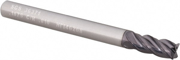 Kyocera SGS Precision Tools 36371 Corner Radius End Mill 3/16" Dia, 7/16" LOC, 0.01" Radius, 4 Flutes, Solid Carbide