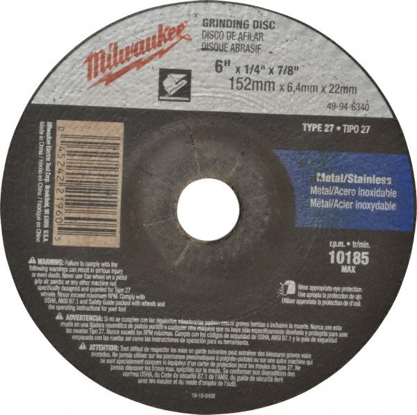 Milwaukee Tool 49-94-6340 Depressed Center Wheel Type 27, 6" Dia, Aluminum Oxide