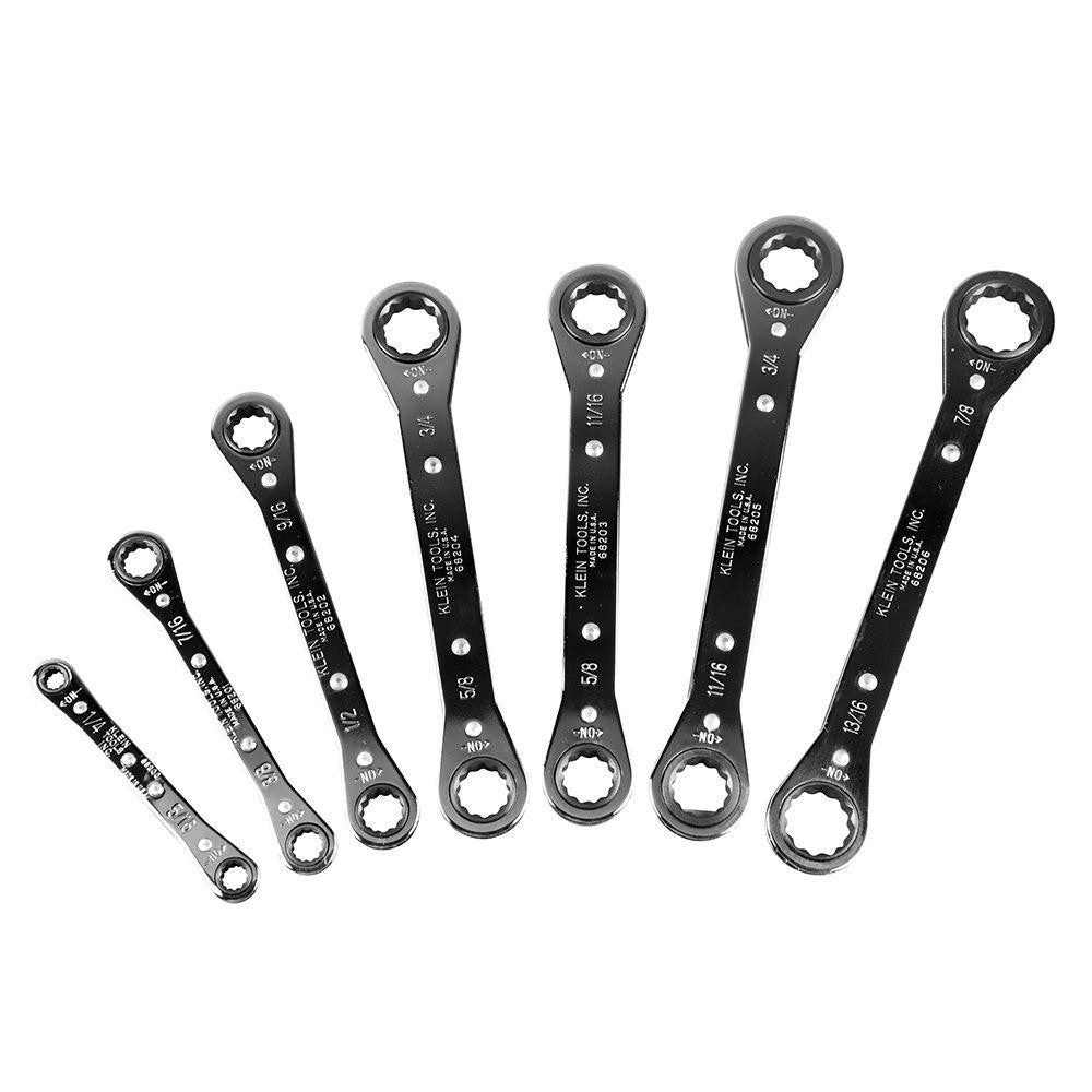 Klein Tools 68222 Ratcheting Box Wrench Set 7 Pc, 1/2 x 9/16" 1/4 x 5/16" 11/16 x 3/4" 13/16 x 7/8" 3/8 x 7/16" 5/8 x 3/4" & 5/8 x 11/16" Wrench, Inch