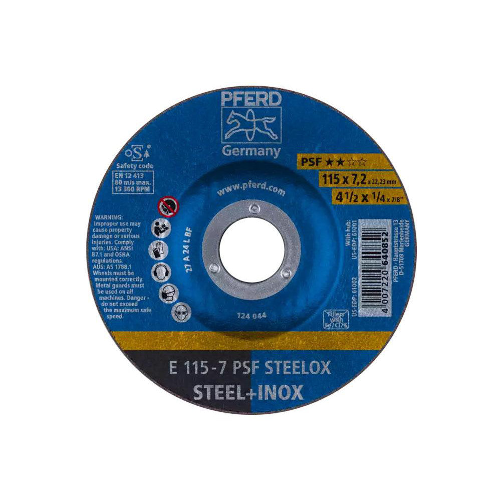 PFERD 62011640 Depressed Grinding Wheel Type 27, 4-1/2" Dia, 1/4" Thick, 7/8" Hole, Aluminum Oxide