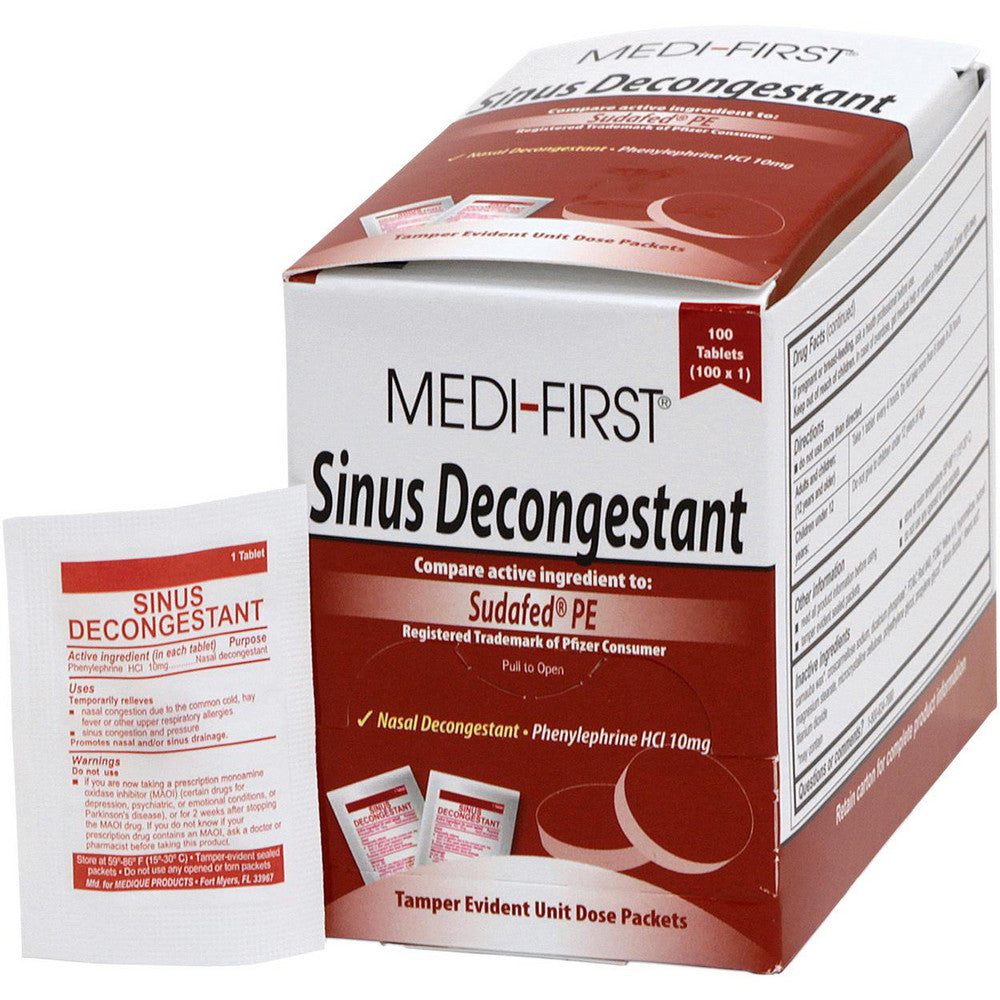 Medique 80933 Medicinals Medicinal Type Sinus Relief Form Tablet Container Type Packet Flavor None Name Medi-First Sinus Decongestant Package Quantity 100 Per Pack