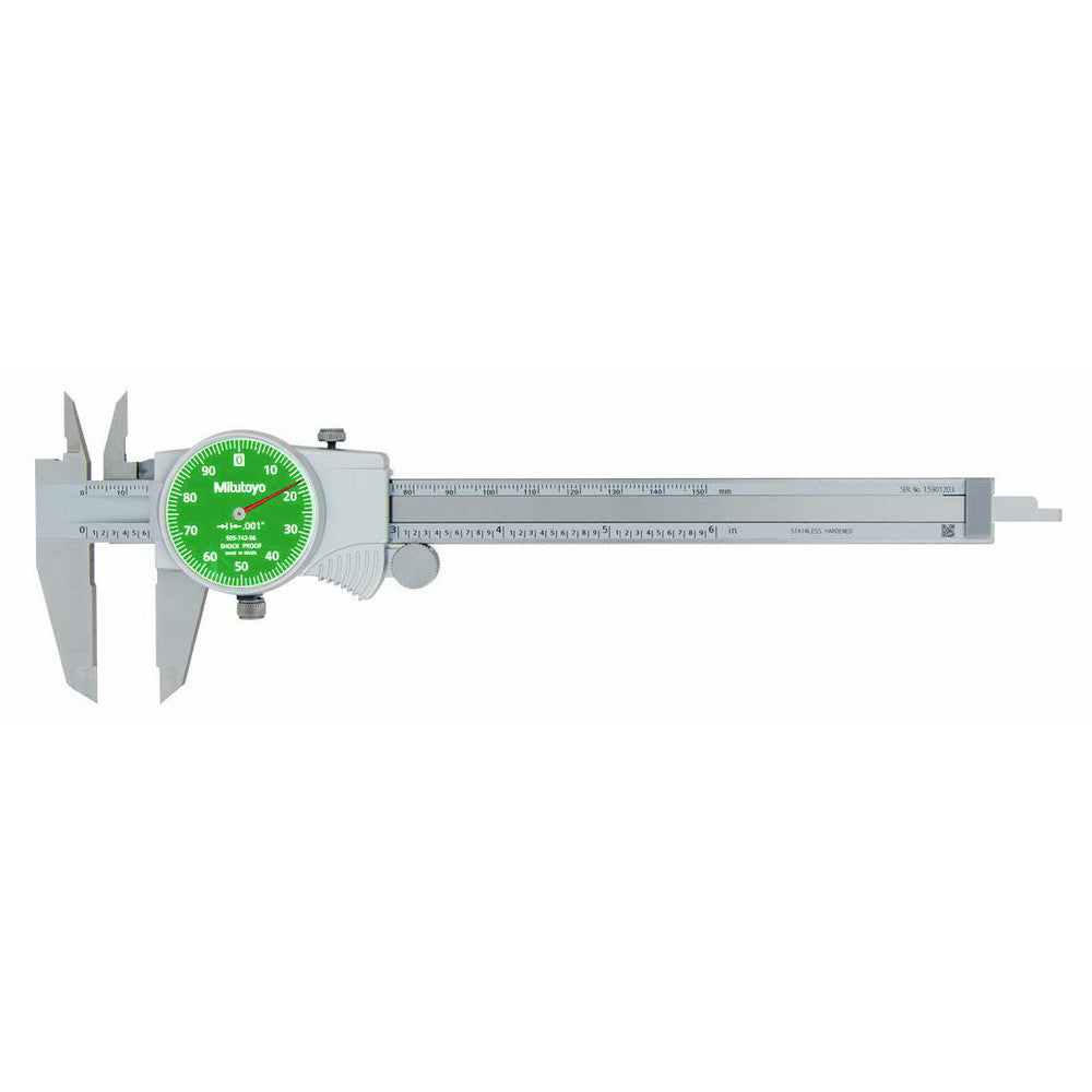 Mitutoyo 505-742-53J Dial Caliper 6", 0.001000" Graduation, 0.1" per Revolution, 0.0010" Accuracy, Stainless Steel Jaws