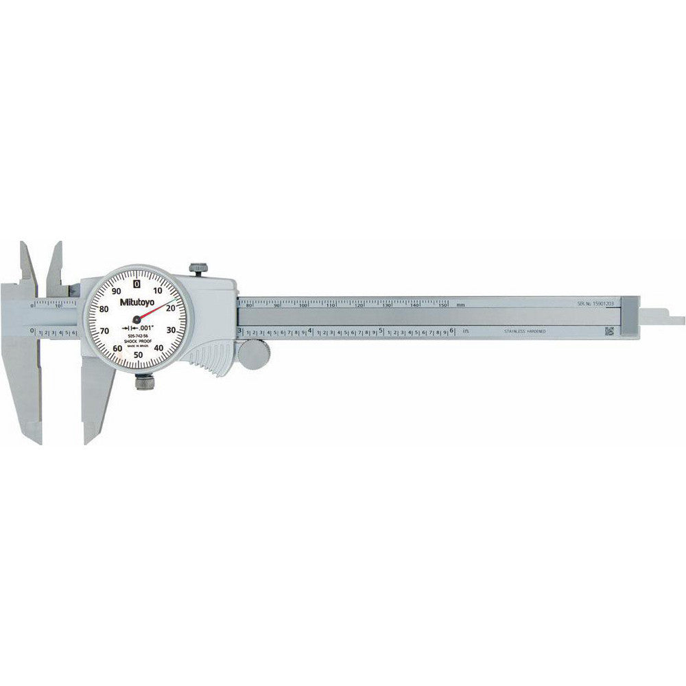 Mitutoyo 505-736 Dial Caliper 6", 0.001000" Graduation, 0.1" per Revolution, 0.0010" Accuracy, Carbide-Tipped Jaws