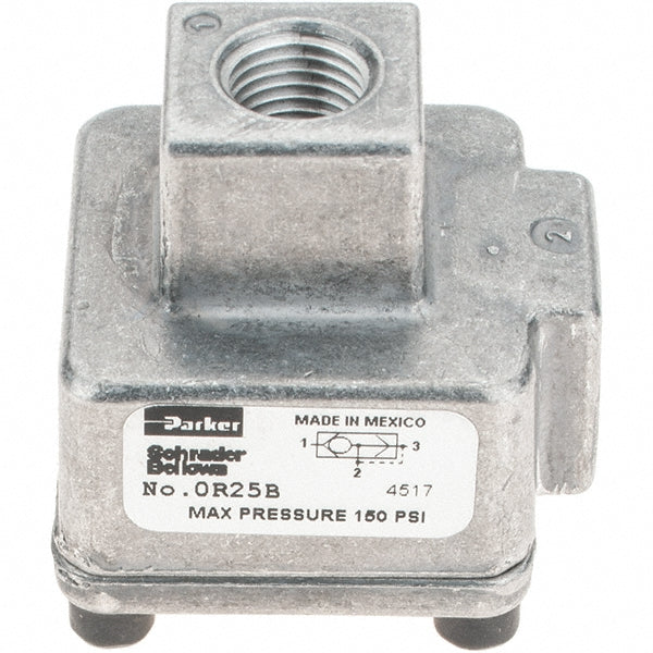 Parker 0R25B Quick-Exhaust Valves Inlet Port Size 1/4 Inlet Port Size 0.25 in Exhaust Port Size 1/4 Exhaust Port Size 1/4 in Maximum Working Pressure (psi) 13.8 bar 200 psi Maximum Working Pressure (psi) 13.8 bar 200 psi Body Material Aluminum Maximum