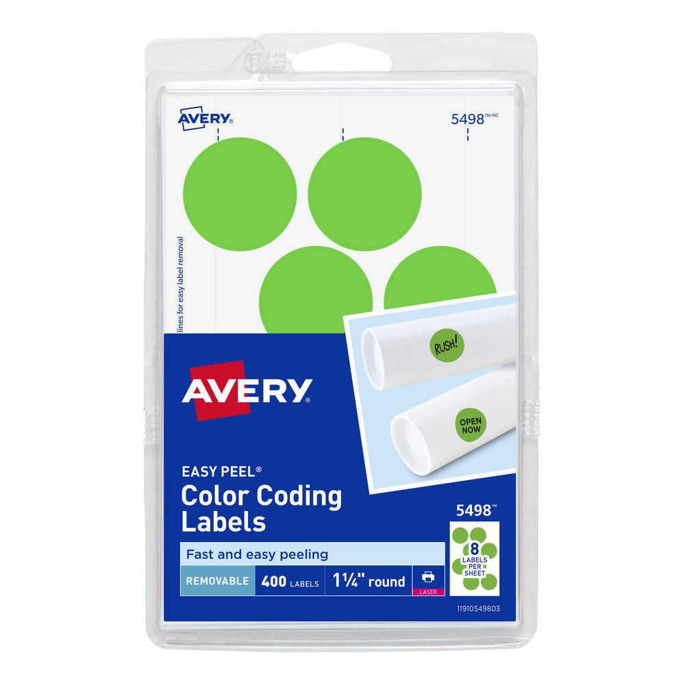 AVERY 05498 Label Maker Label Neon Green, Paper, 1-1/4" OAL, 1-1/4" OAW, 400 per Roll