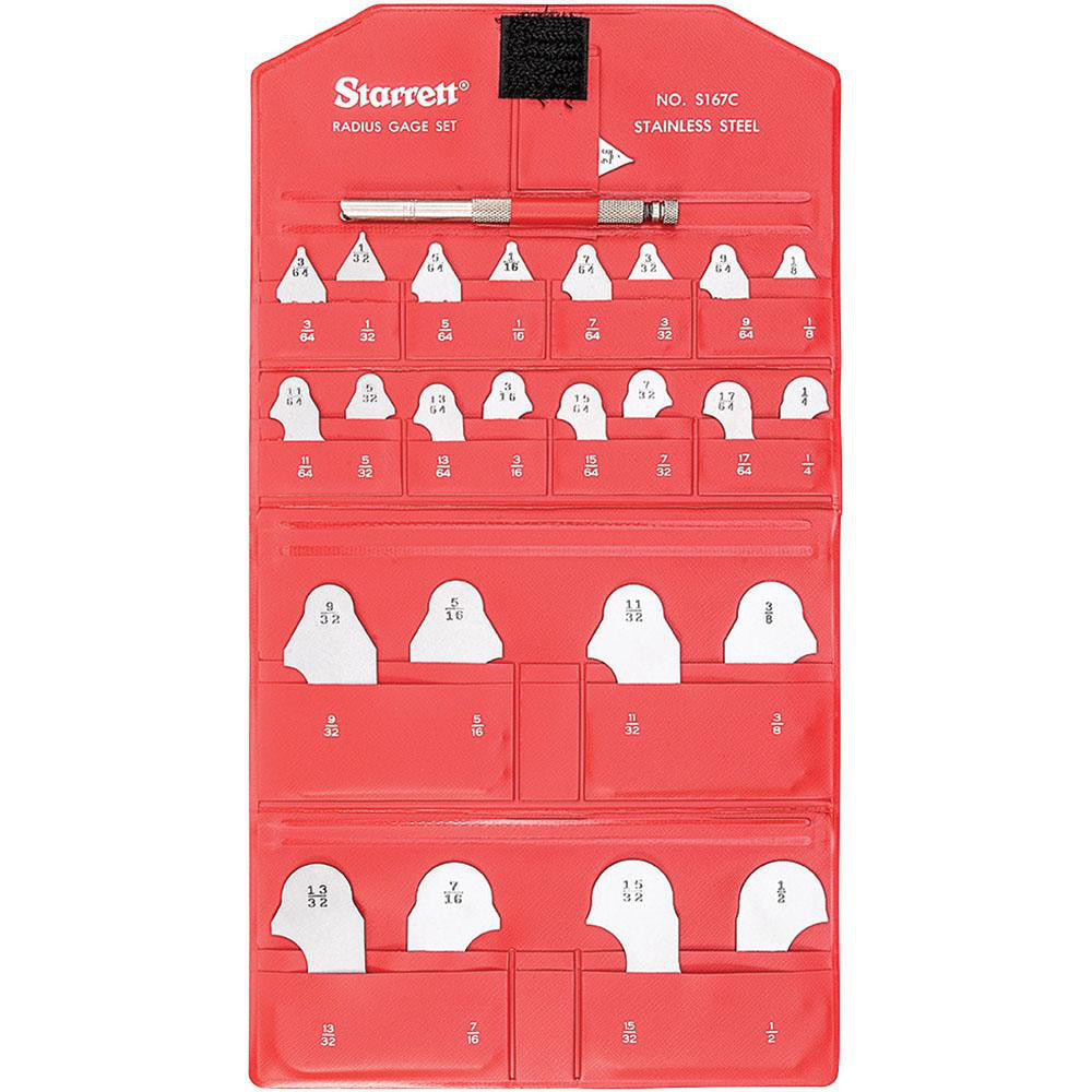 Starrett 50619 Radius Gage Set Stainless Steel, 1/64 to 1/2" Radius, 25 pc