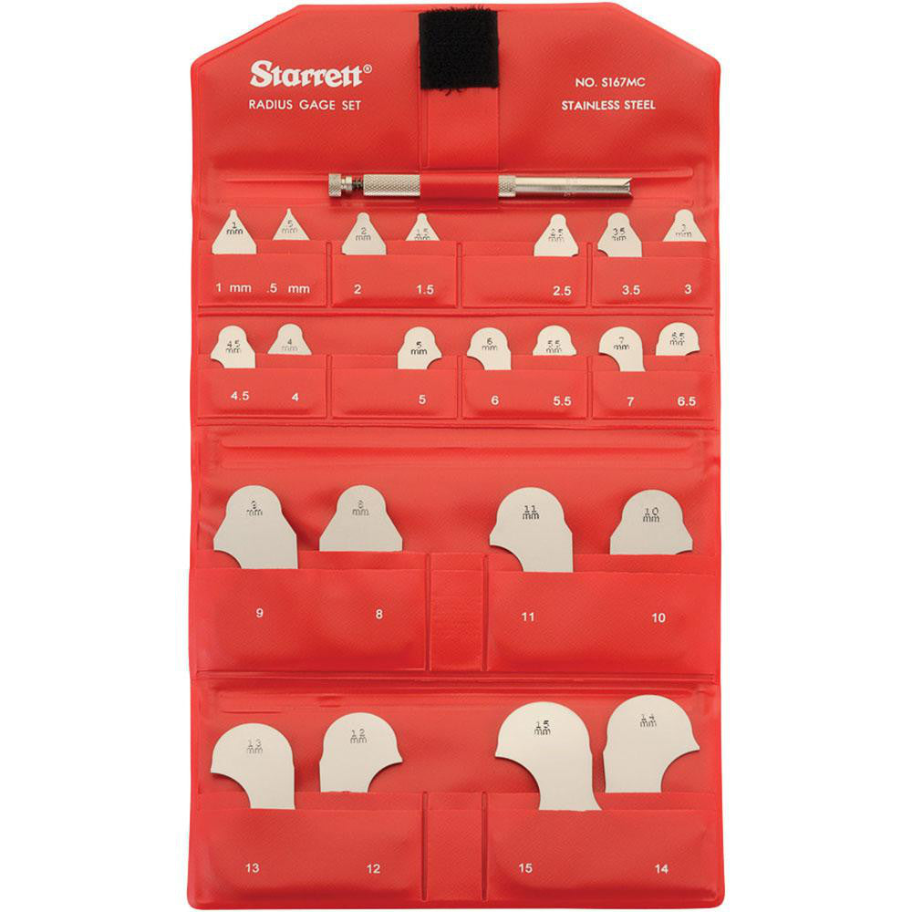 Starrett 55821 Radius Gage Set Stainless Steel, 0.5 to 15 mm Radius, 22 pc