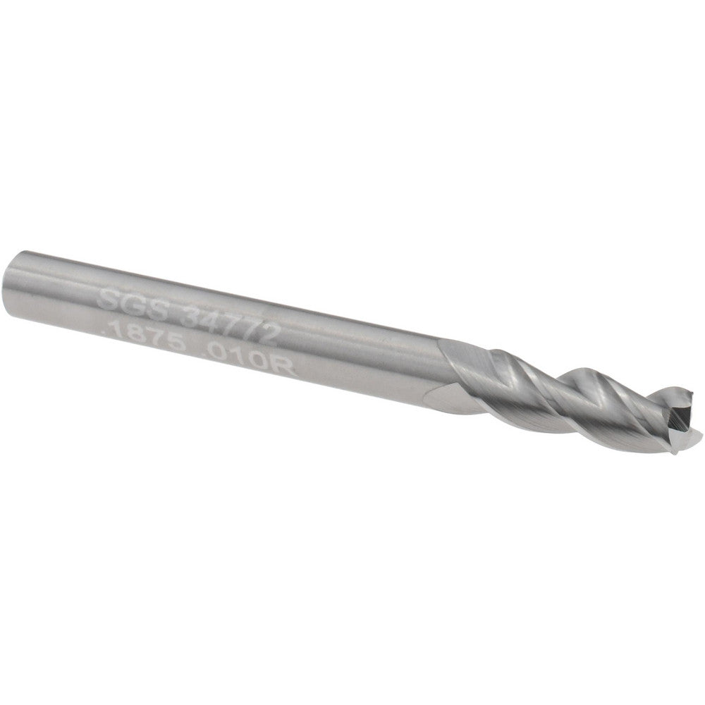 Kyocera SGS Precision Tools 34772 Corner Radius End Mill 3/16" Dia, 9/16" LOC, 0.0100" Radius, 3 Flute, Solid Carbide