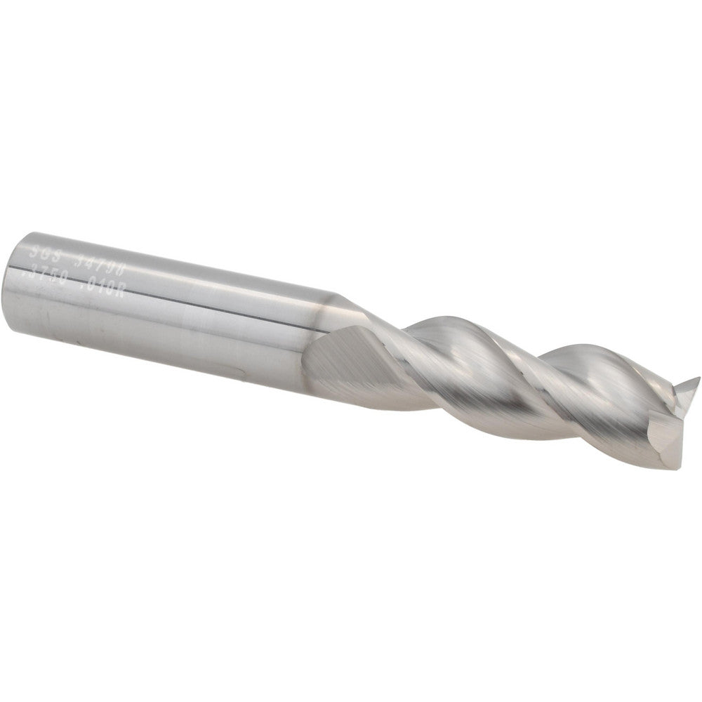 Kyocera SGS Precision Tools 34798 Corner Radius End Mill 3/8" Dia, 1" LOC, 0.0100" Radius, 3 Flute, Solid Carbide