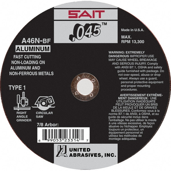 Sait 23316 Cutoff Wheel Type 1 (01/41), 6" Dia, 0.0450" Thick, 7/8" Hole, Aluminum Oxide