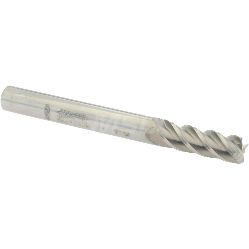 Accupro 86642980 Corner Radius End Mill 1/4" Dia, 3/4" LOC, 0.015" Radius, 4 Flutes, Solid Carbide