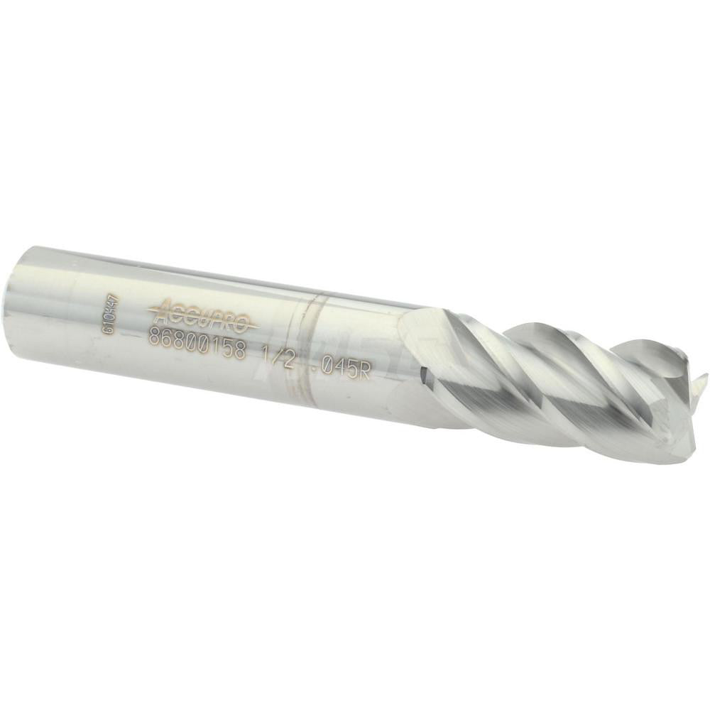 Accupro 86800158 Corner Radius End Mill 1/2" Dia, 1" LOC, 0.045" Radius, 4 Flutes, Solid Carbide