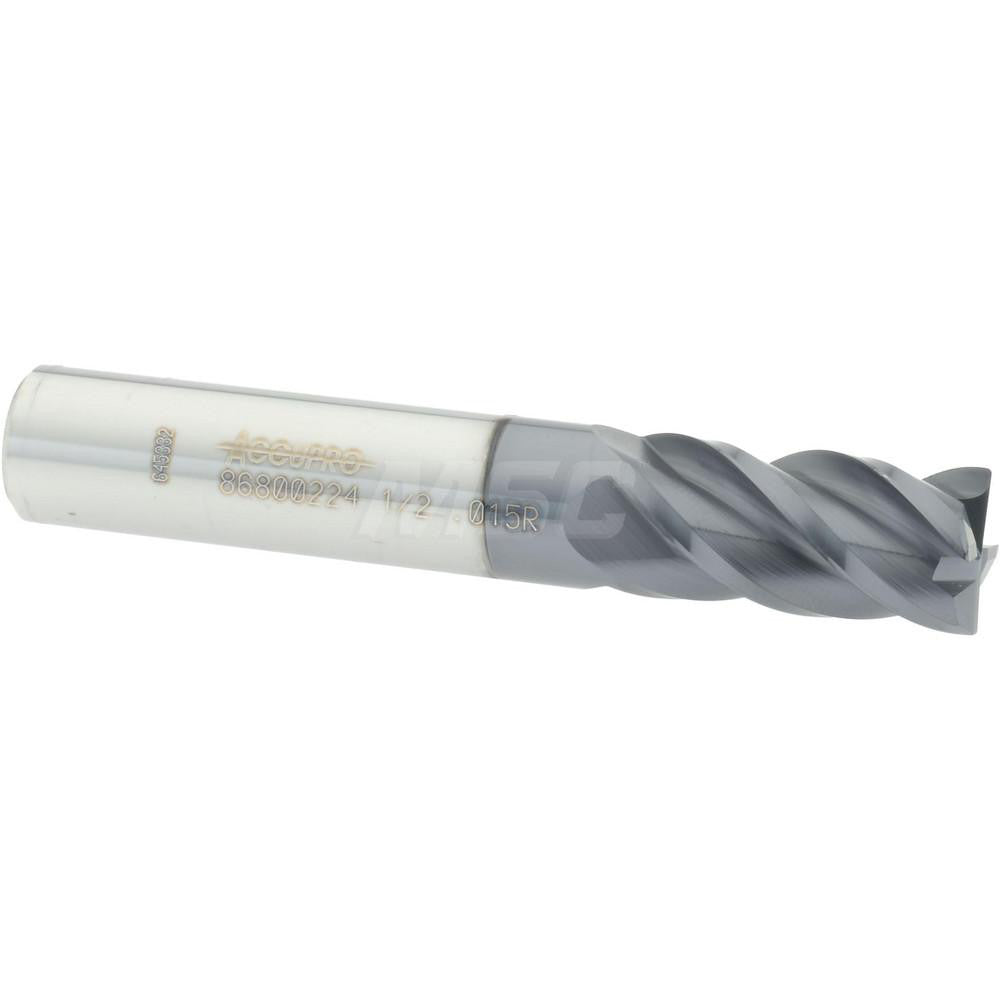 Accupro 86800224 Corner Radius End Mill 1/2" Dia, 1" LOC, 0.015" Radius, 4 Flutes, Solid Carbide
