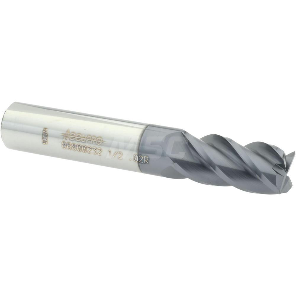 Accupro 86800232 Corner Radius End Mill 1/2" Dia, 1" LOC, 0.02" Radius, 4 Flutes, Solid Carbide