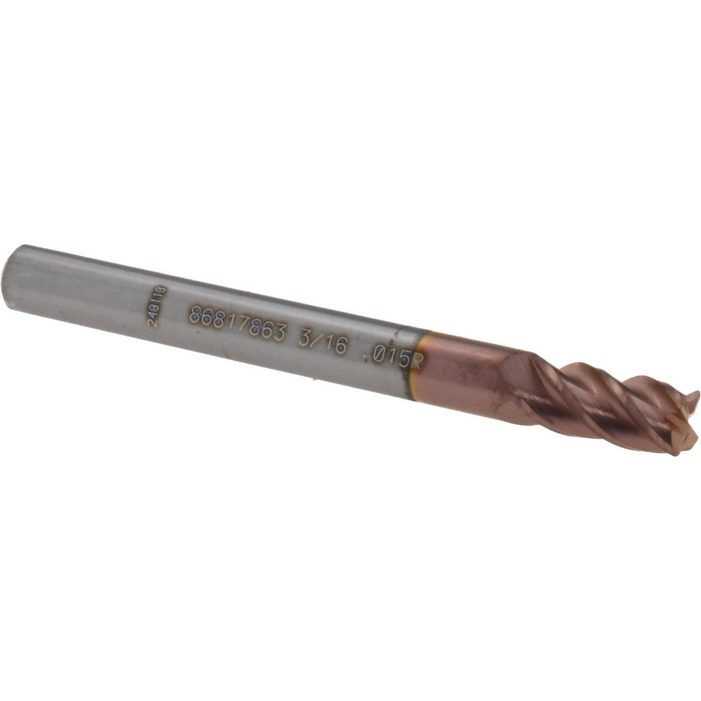 Accupro 86817863 Corner Radius End Mill 3/16" Dia, 3/8" LOC, 0.015" Radius, 4 Flutes, Solid Carbide