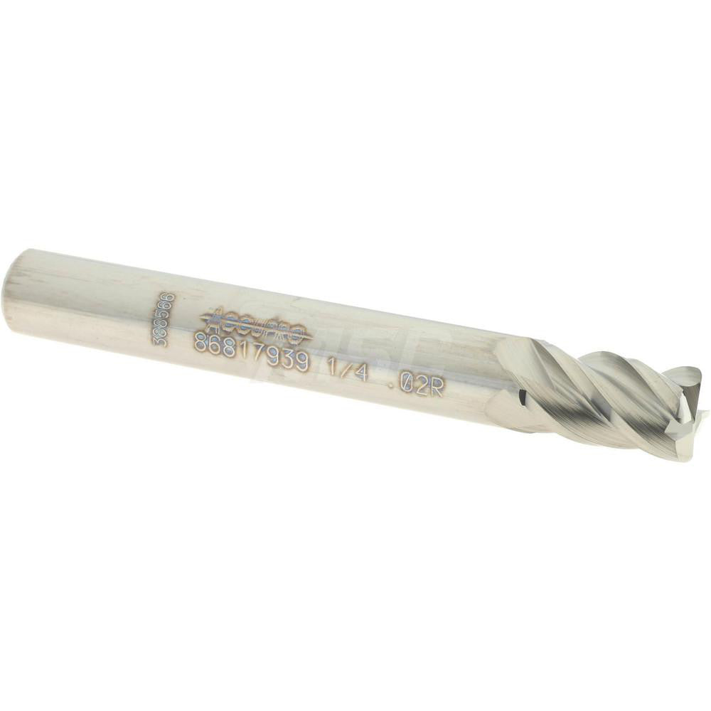 Accupro 86817939 Corner Radius End Mill 1/4" Dia, 3/8" LOC, 0.02" Radius, 4 Flutes, Solid Carbide