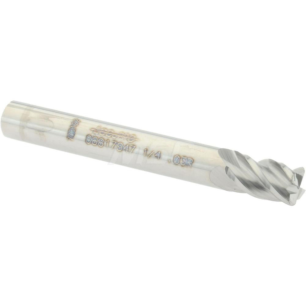 Accupro 86817947 Corner Radius End Mill 1/4" Dia, 3/8" LOC, 0.03" Radius, 4 Flutes, Solid Carbide