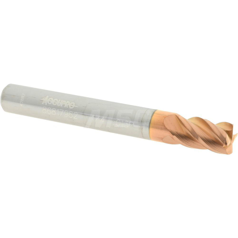 Accupro 86817962 Corner Radius End Mill 1/4" Dia, 3/8" LOC, 0.015" Radius, 4 Flutes, Solid Carbide