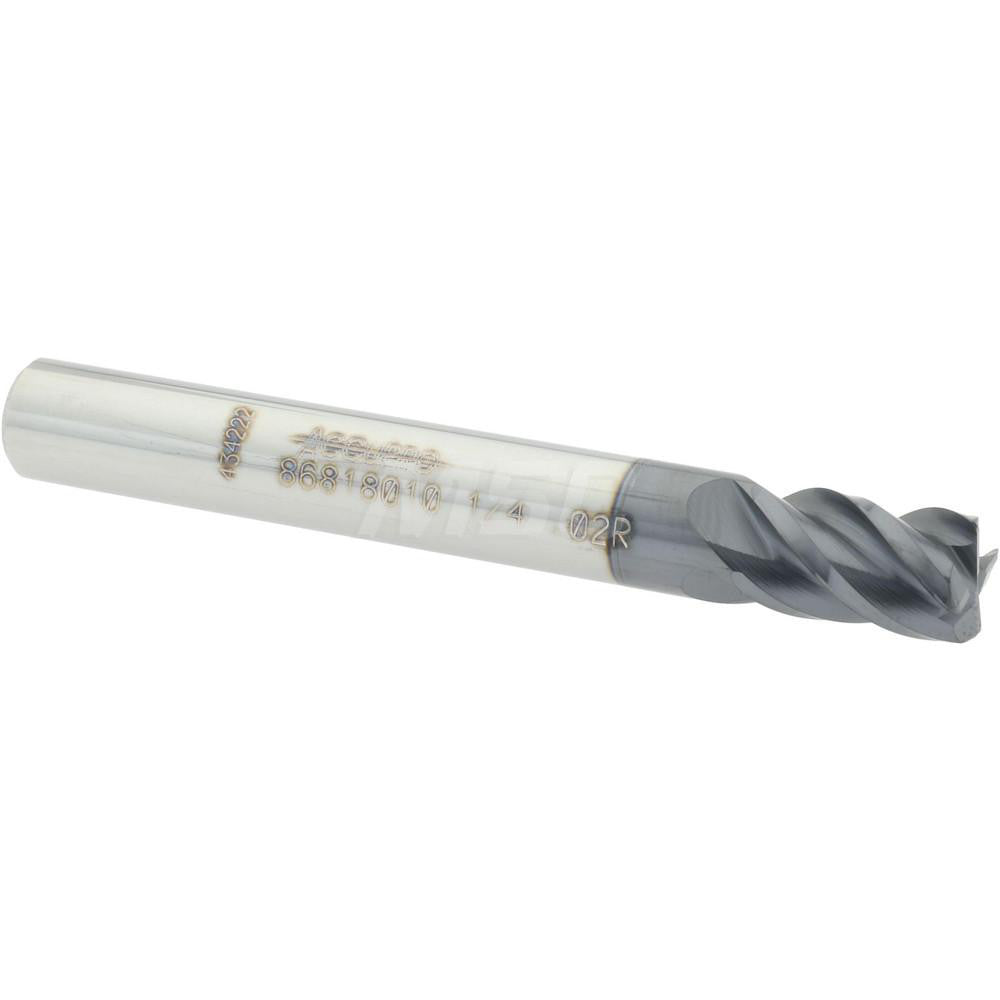 Accupro 86818010 Corner Radius End Mill 1/4" Dia, 3/8" LOC, 0.02" Radius, 4 Flutes, Solid Carbide