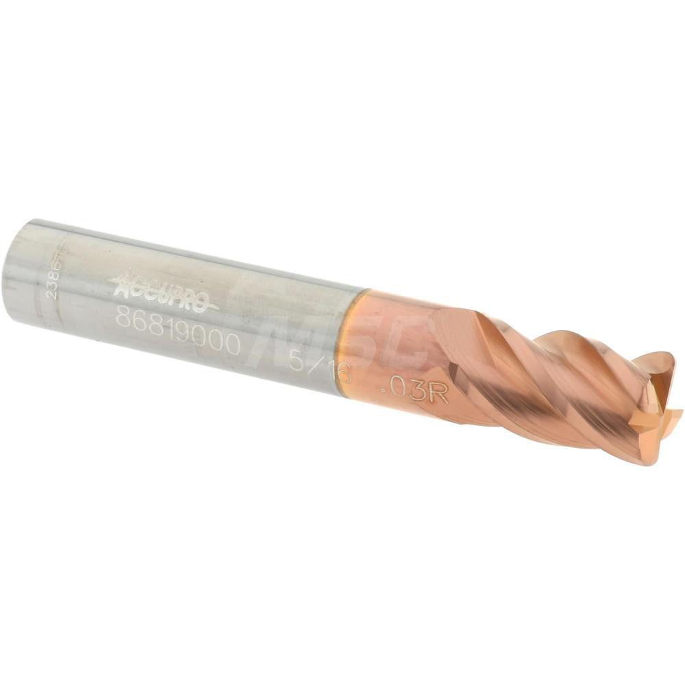 Accupro 86819000 Corner Radius End Mill 5/16" Dia, 1/2" LOC, 0.03" Radius, 4 Flutes, Solid Carbide
