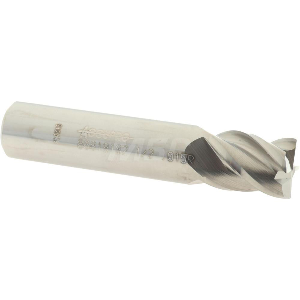 Accupro 86819182 Corner Radius End Mill 1/2" Dia, 5/8" LOC, 0.015" Radius, 4 Flutes, Solid Carbide