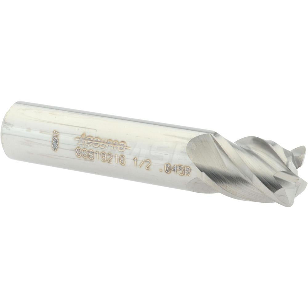 Accupro 86819216 Corner Radius End Mill 1/2" Dia, 5/8" LOC, 0.045" Radius, 4 Flutes, Solid Carbide