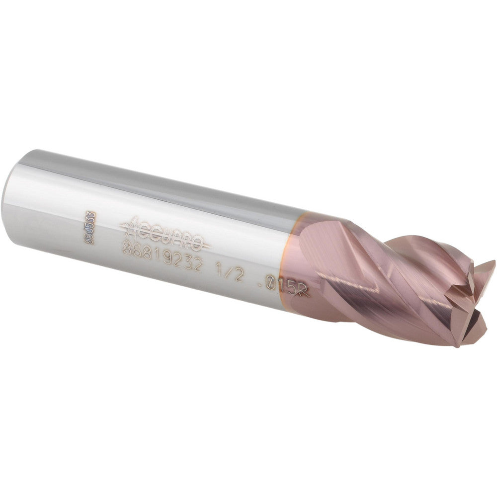 Accupro 86819232 Corner Radius End Mill 1/2" Dia, 5/8" LOC, 0.0150" Radius, 4 Flute, Solid Carbide