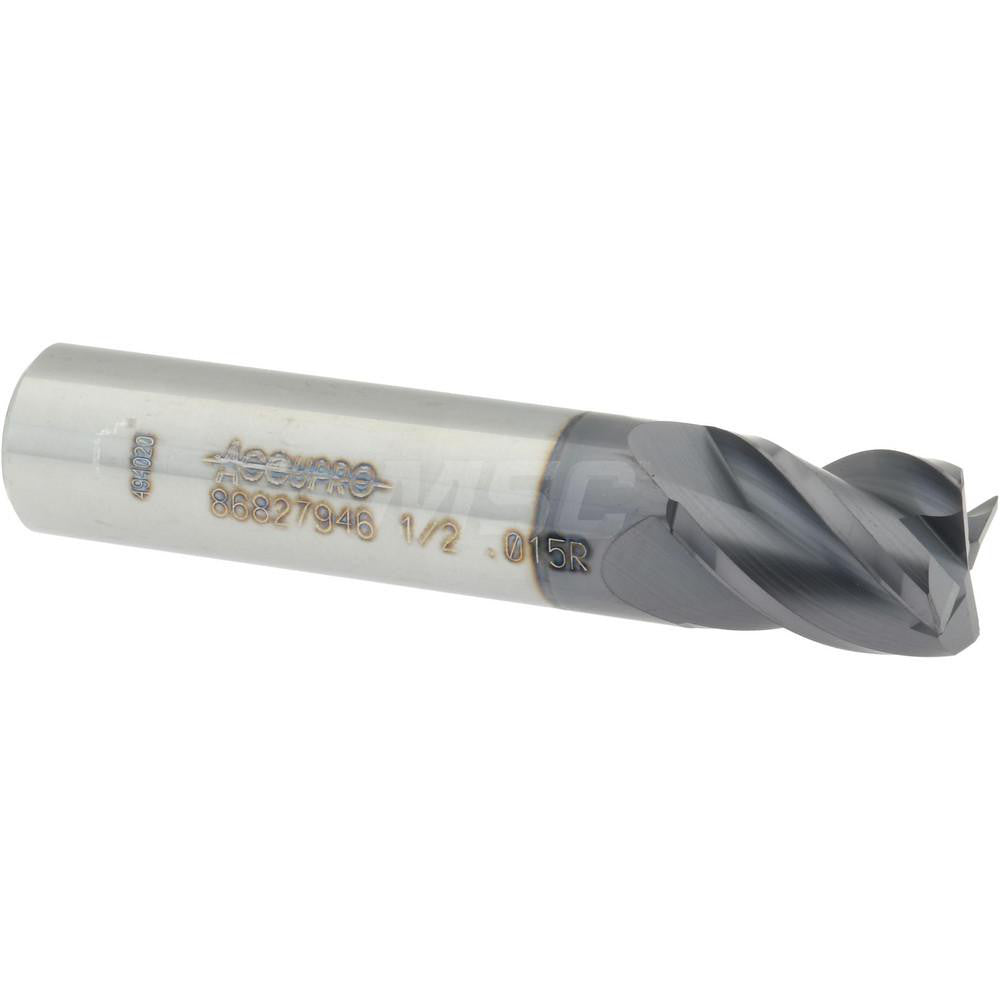 Accupro 86827946 Corner Radius End Mill 1/2" Dia, 5/8" LOC, 0.015" Radius, 4 Flutes, Solid Carbide