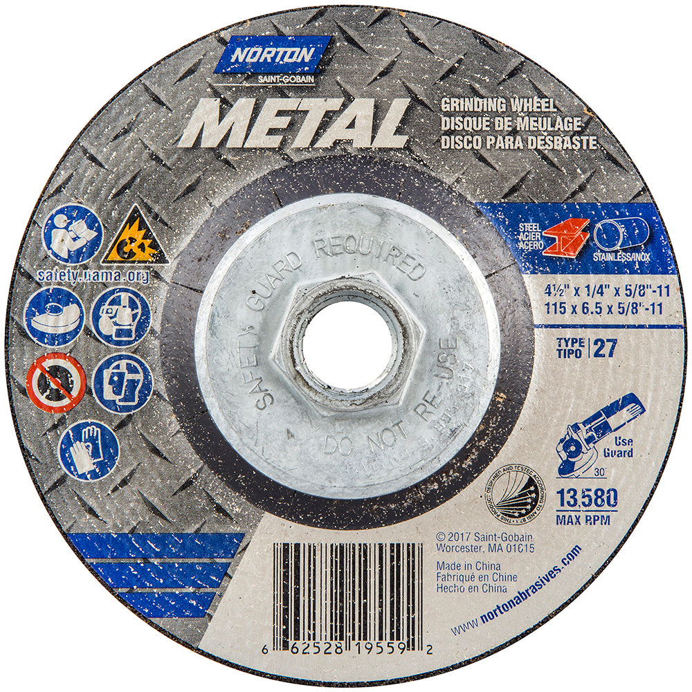 Norton 66252819559 Depressed Center Wheel Type 27, 4-1/2" Dia, Aluminum Oxide