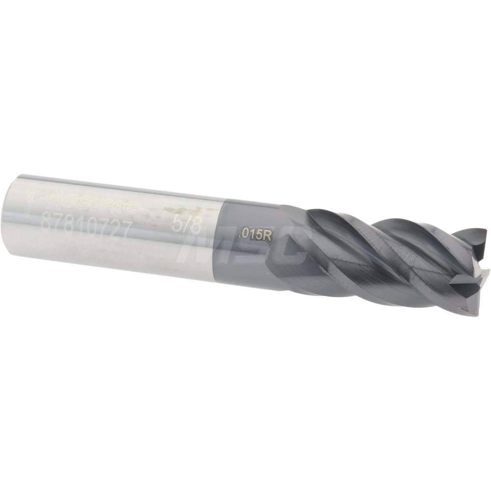 Accupro 87810727 Corner Radius End Mill 5/8" Dia, 1-1/4" LOC, 0.015" Radius, 4 Flutes, Solid Carbide