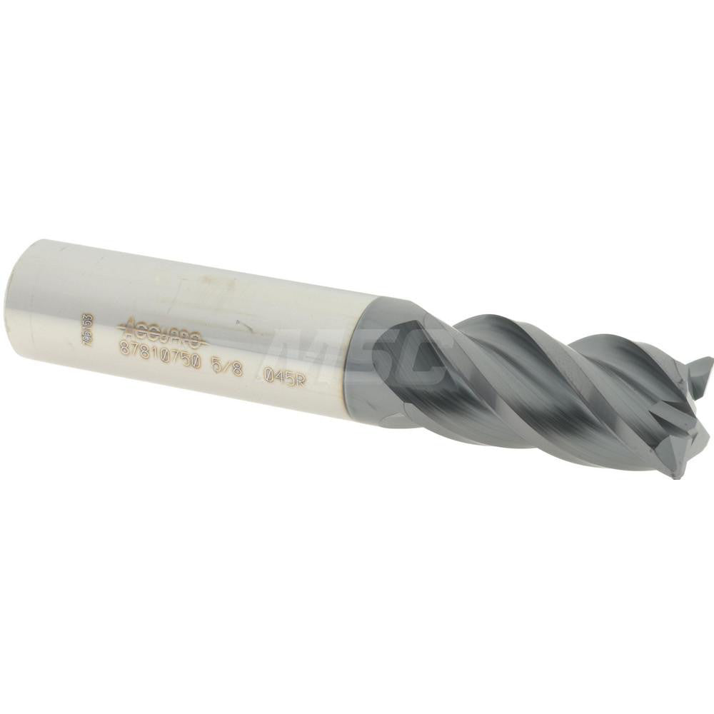 Accupro 87810750 Corner Radius End Mill 5/8" Dia, 1-1/4" LOC, 0.045" Radius, 4 Flutes, Solid Carbide