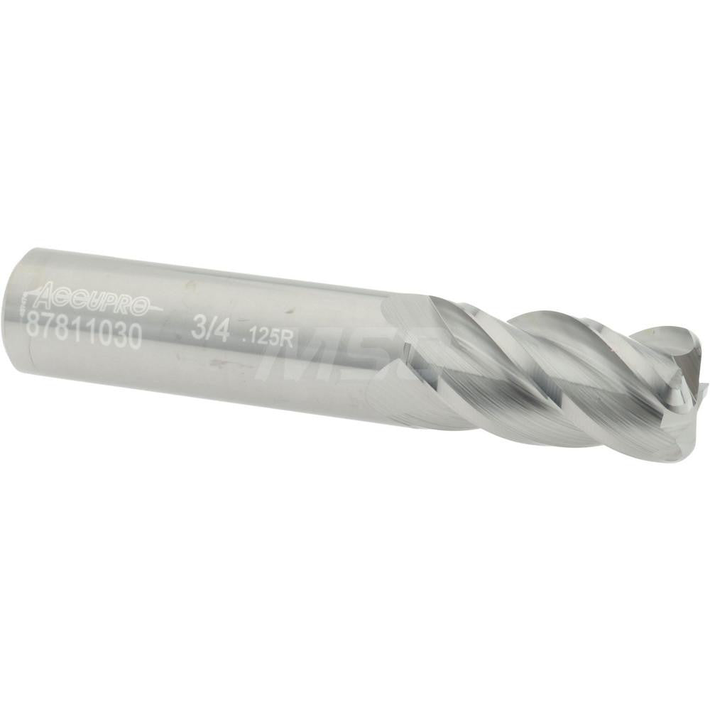 Accupro 87811030 Corner Radius End Mill 3/4" Dia, 1-1/2" LOC, 1/8" Radius, 4 Flutes, Solid Carbide