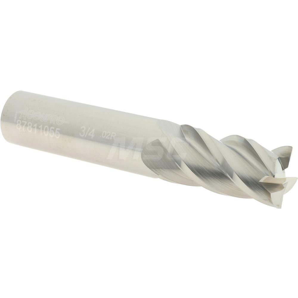 Accupro 87811055 Corner Radius End Mill 3/4" Dia, 1-1/2" LOC, 0.02" Radius, 4 Flutes, Solid Carbide