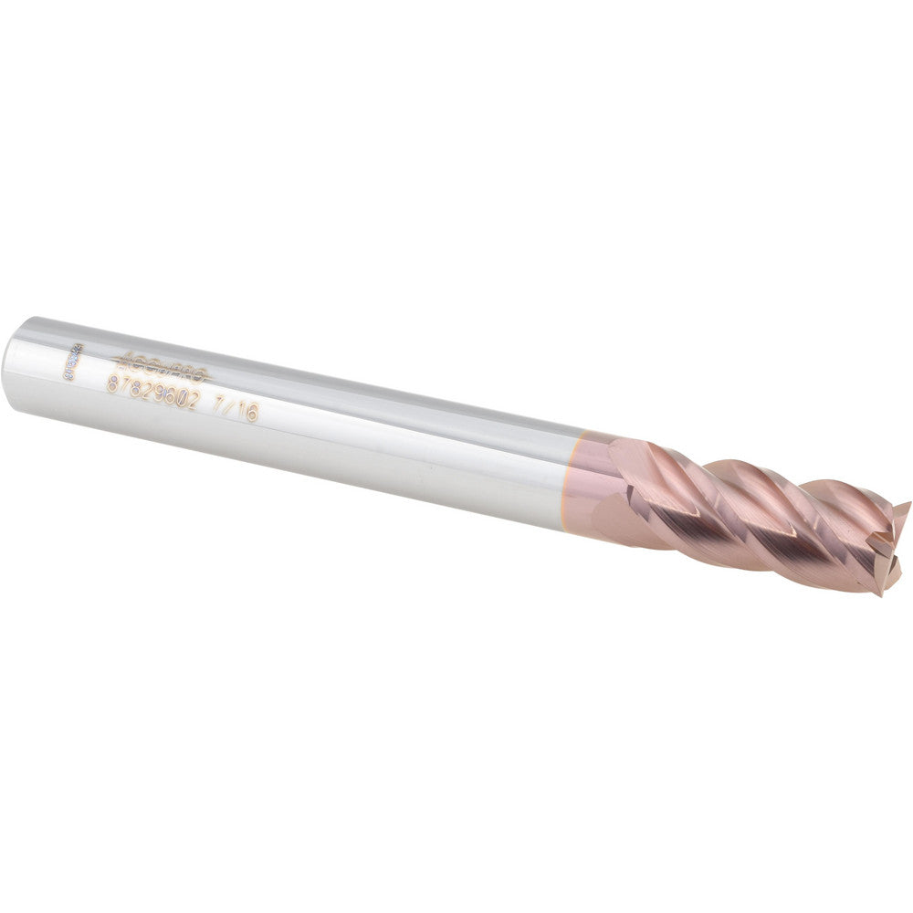 Accupro 87829602 Square End Mill 7/16'' Dia, 1'' LOC, 7/16'' Shank Dia, 4'' OAL, 4 Flutes, Solid Carbide