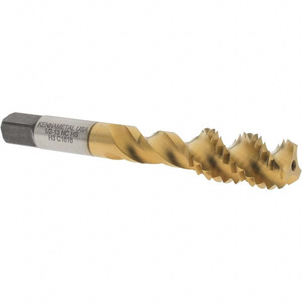 Kennametal 4130070 Spiral Flute Tap 1/2-13, UNC, 3 Flute, Bottoming Chamfer, 3B Class of Fit, Cobalt, Straw Finish
