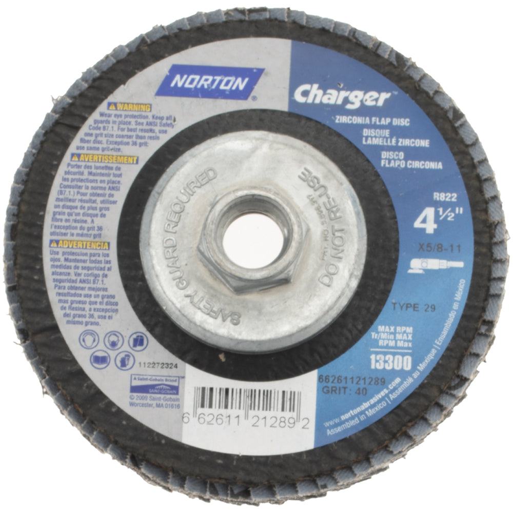Norton 66261121289 Flap Disc 5/8-11 Hole, 40 Grit, Zirconia Alumina, Type 29