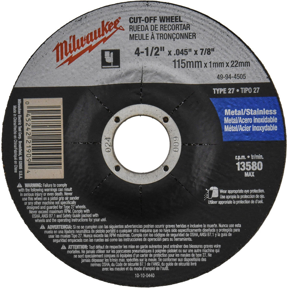 Milwaukee Tool 49-94-4505 Depressed Center Wheel Type 27, 4-1/2" Dia, 0.045" Thick, Aluminum Oxide