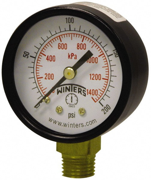 Winters PEM202 Pressure Gauge 2" Dial, 0 to 100 psi, 1/4" Thread, NPT, Lower Mount