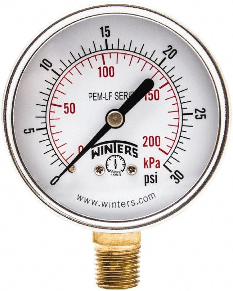 Winters PEM212LF Pressure Gauge 2-1/2" Dial, 0 to 30 psi, 1/4" Thread, NPT, Lower Mount